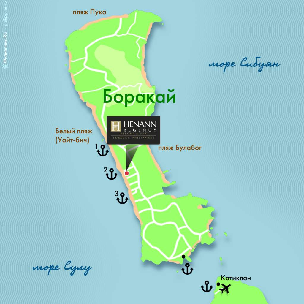 Положение отеля Boracay Regency на карте острова Боракай, Филиппины
