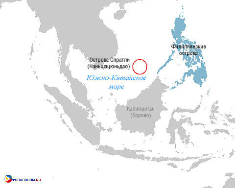 Положение островов Спратли на карте Юго-Восточной Азии