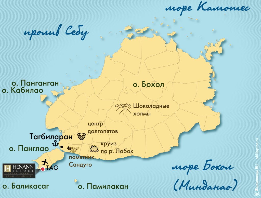 Положение отеля Alona Palm Beach Resort на карте о. Панглао