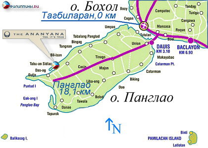 Положение отеля The Ananyana на карте о. Панглао